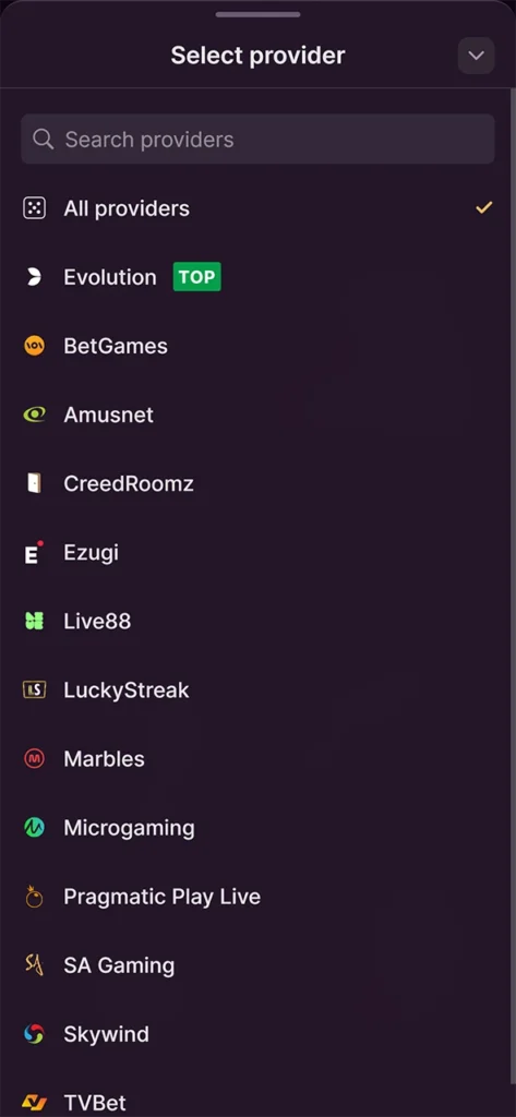 Providers of live casino games.