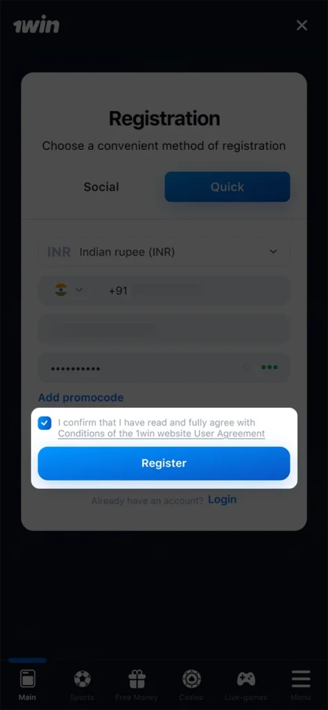 Agree to 1win's terms and conditions and complete your registration.