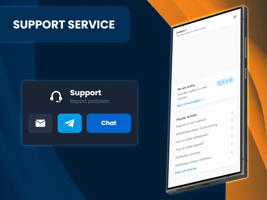 Contact 4rabet's 24/7 support team via live chat, email or telegram.