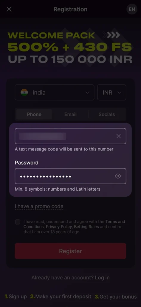 Enter the data required to register on Batery.