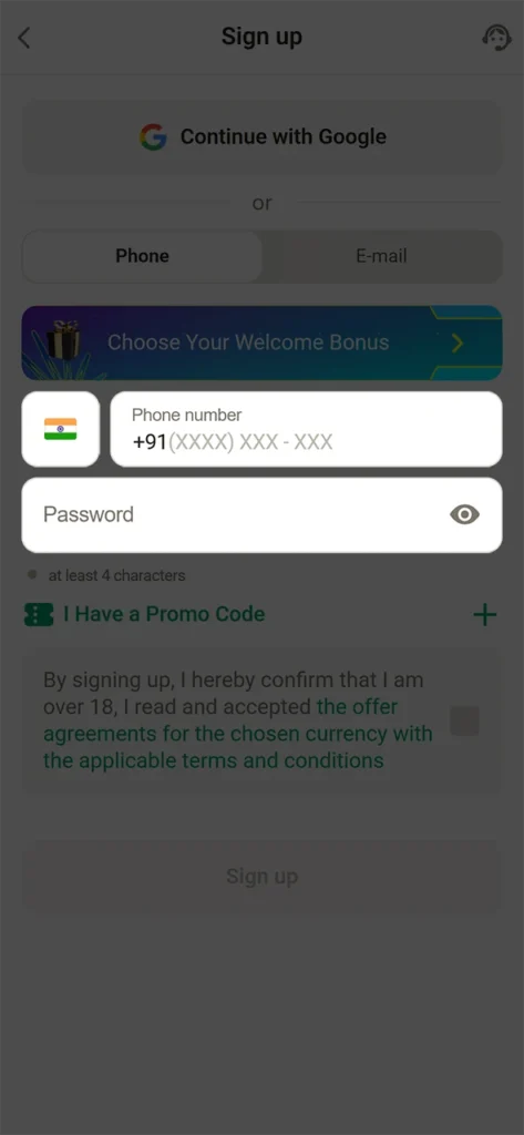 Enter the phone number and password for your Parimatch account.