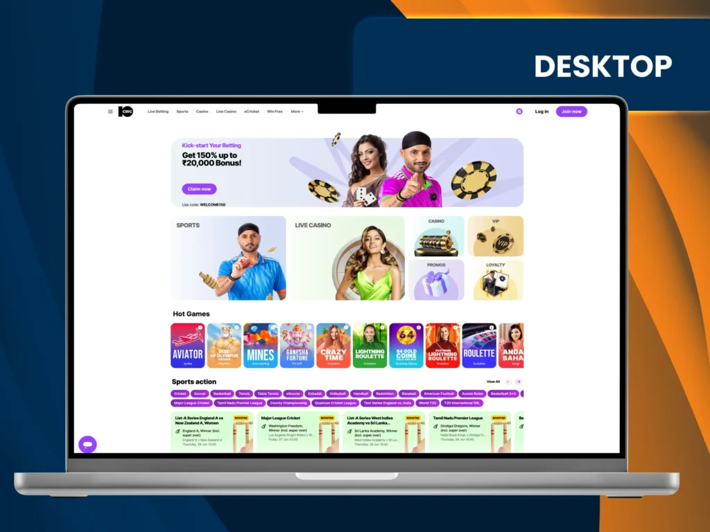 Navigate 10Cric desktop with fast-loading games and clear layout.
