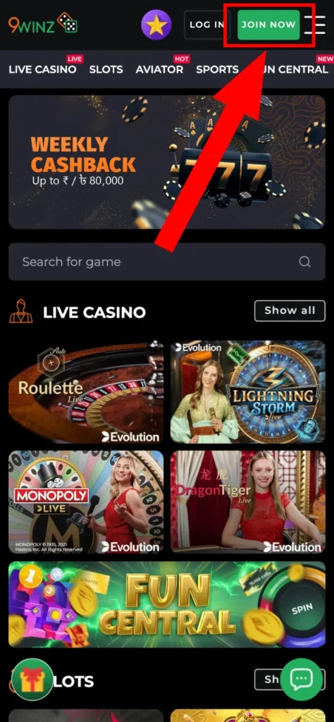 Tap the Join Now button in the top-right corner of 9Winz homepage.