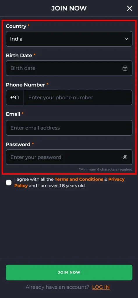 Enter your email phone and password to register on 9Winz.