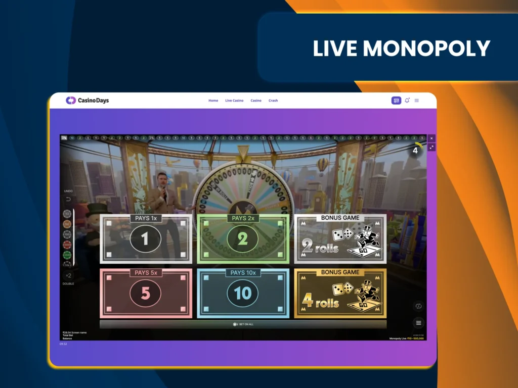 Bet on numbers or bonuses in Casino Days’ Monopoly game show.