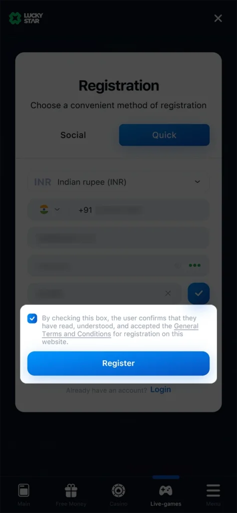 Agree to the LuckyStar rules and complete your registration.