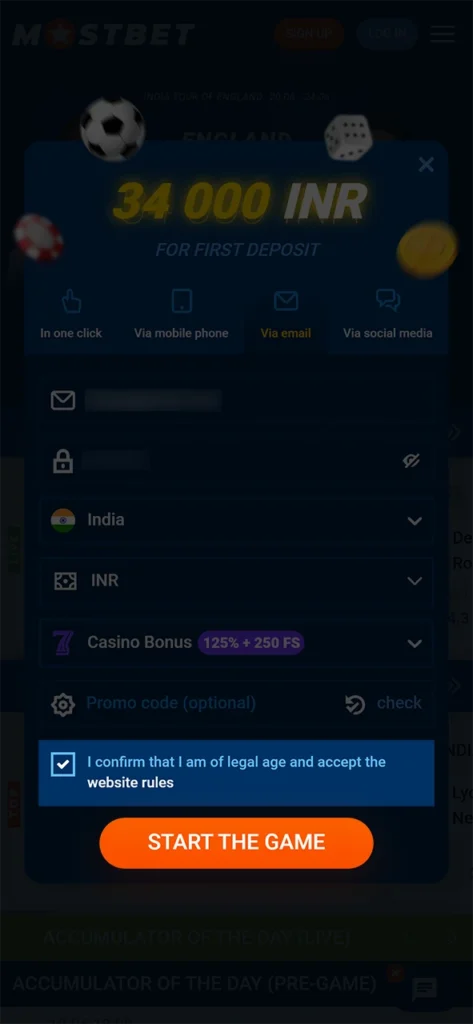 Accept Mostbet's terms and complete your registration.