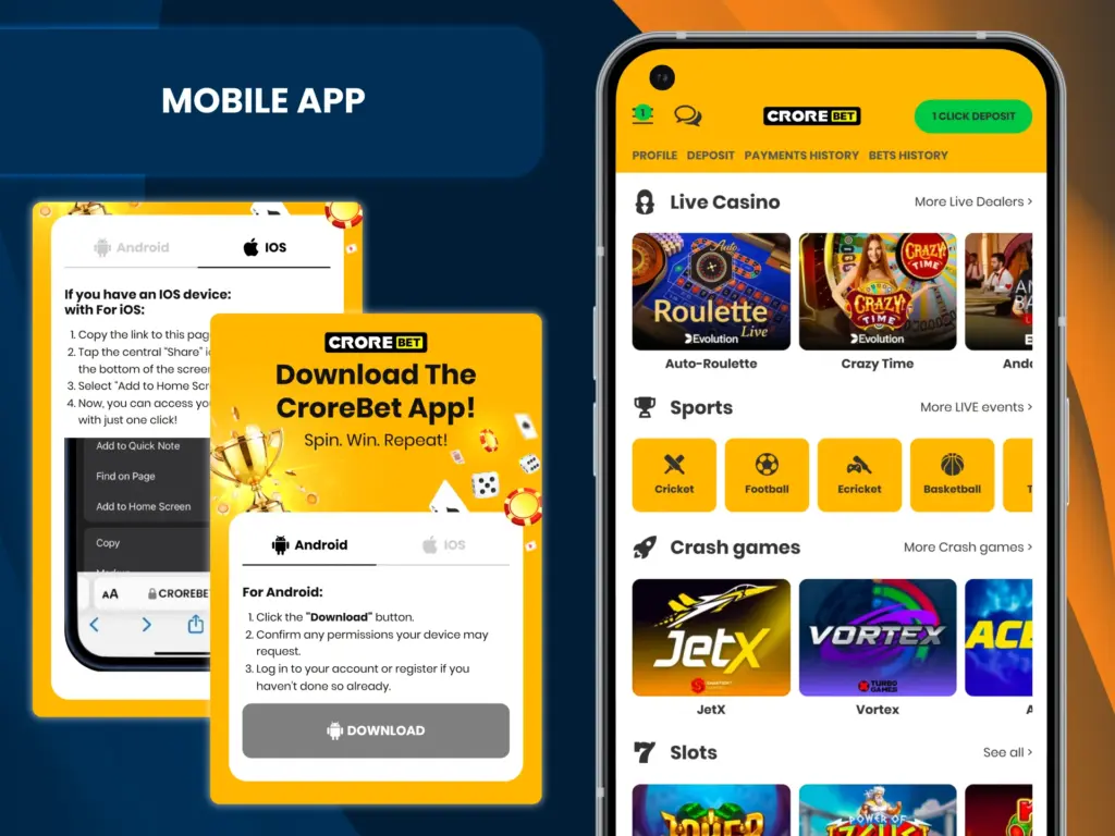 Install the official Crorebet mobile app and start playing casino games.
