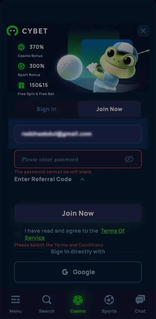 Enter the email address required for registration and verify that it has been entered correctly on the Cybet website.