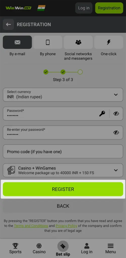 Confirm your registration and proceed to the deposit process on the WinWin website.